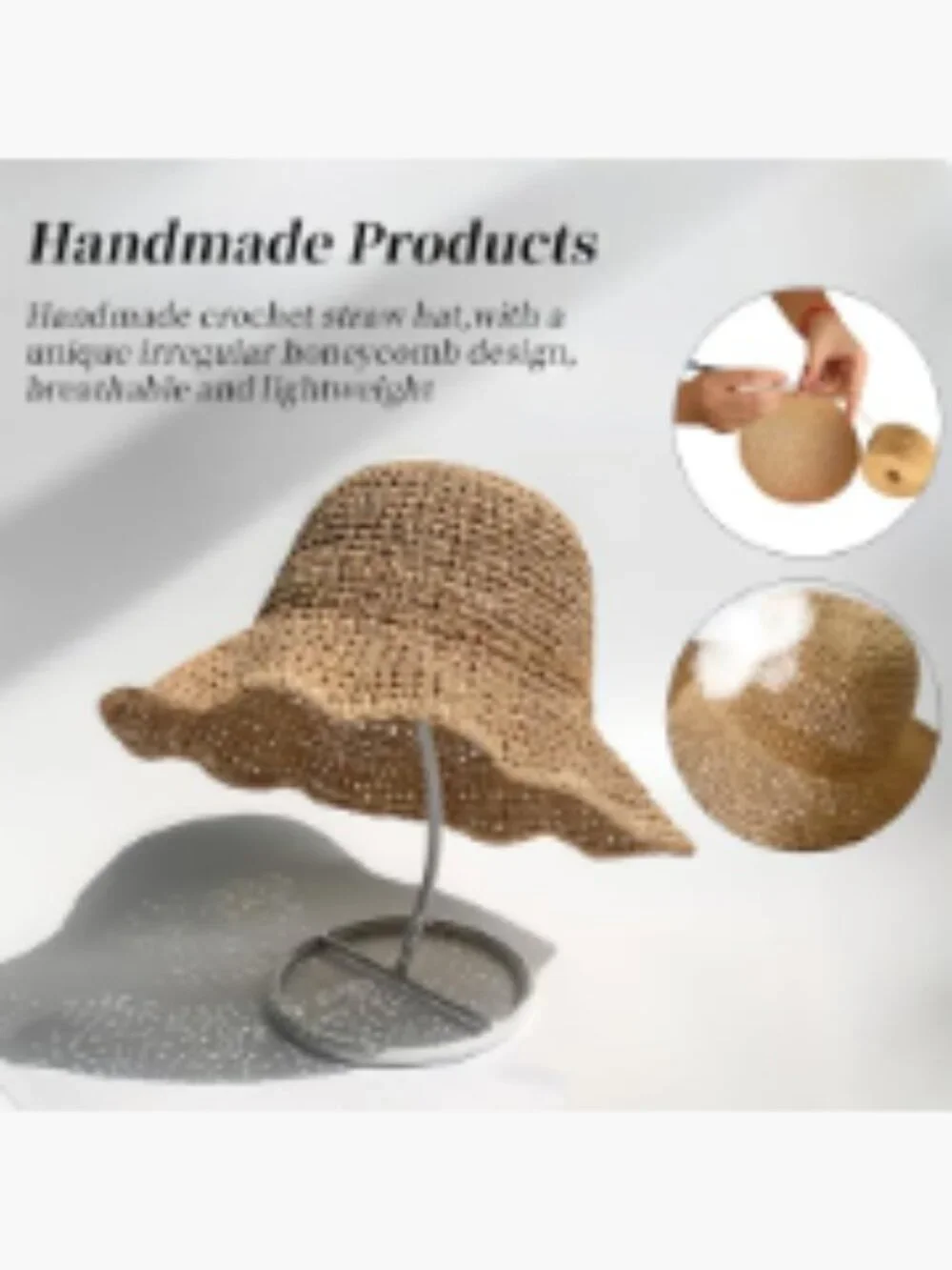 Handmade Paper Straw Wide Brim Sun Hat Foldable Travel Beach Hat - Picture 4 of 7